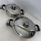 Set Of 2 Vinod Stainless Steel Pans W/ Thermo Control Lids 1.5QT & 10.5 Skillet Used. Price: $59.95.
