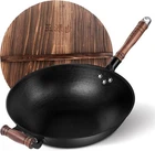 Wangyuanji Cast Iron Wok Pan 14.2 Inch Flat Bottom With Wooden Handle Lid New. Price: $129.00.