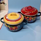 #78 The Pioneer Woman Floral Enamel Casserole Pots W/lids 2PC 3112 Joc Red Yello Used. Price: $29.99.