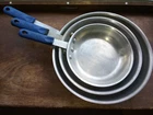 3 Winco AFP-8A-H, 10A-H, 12A-H 8", 10", & 12" Aluminum Fry Pans Rubber Handles Used. Price: $75.00.