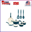 Mainstays 12 Piece Ceramic Nonstick Aluminum Pots And Pans Cookware Set, Blue New. Price: $47.18.