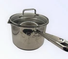 Emeril 3 Qt Sauce Pan Pot Double Pour Spout Stainless Steel Strainer Lid Used. Price: $49.99.