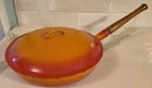 Vtg. Descoware Orange Enameled Cast Iron Skillet Belgium 12"W/ Lid 23-E 30 Fe Used. Price: $55.00.