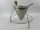 Vintage Aluminum Cone Sieve Strainer Colander W/ Wooden Pestle & Stand Unique !! Used. Price: $44.99.