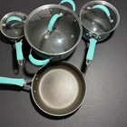 The Pioneer Woman Teal Speckle Enamel Aluminum Non Stick Cookware Set 7 Pc Used. Price: $69.99.