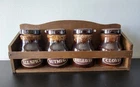 Stoneware Spice Jars Set Of 4 With Rack Vintage Japan Brown Glaze Used. Price: $24.99.