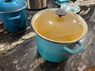 New Creuset Enameled Steel Stock Pot With Glass Lid Turquoise 12 Quart. Price: $150.00.