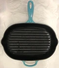 Creuset Caribbean Blue Enamel Cast Iron Oval Griddle Grill Pan France 12 1/2 Used. Price: $105.00.