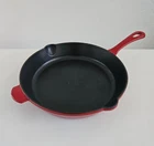 Cuisinart Cast Iron Enamel Skillet 10" Red Frying Pan Duel Pour Spout C122-24 Used. Price: $29.99.