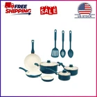 Mainstays 12 Piece Ceramic Nonstick Aluminum Pots And Pans Cookware Set, Blue New. Price: $46.99.