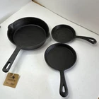 Hawok Cast Iron 3-PIECE Small Frying Pan Set Black Uncoated Long Handle Used. Price: $25.51.