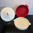 Tupperware Microwave Steamer Red White With Lid 3592A 3065A 3067A Round Bowl 3PC Used. Price: $12.97.