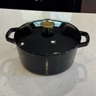 Kana Milo 3.5QT Classic Dutch Oven Enameled Cast Iron Black Glossy Gold Knob Used. Price: $49.99.