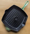 Le Creuset Cast Iron Square Grill & Panini Press Lid Green Enamel Used. Price: $124.95.