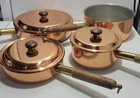 Vintage Copper Pans With Brass Accents Wooden Handles (set Of 4) Portugal Used. Price: $149.95.