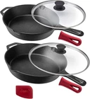 Cuisinel Cast Iron Skillet Set - 10" + 12" Frying Pan Glass Lids Silicone Grip New. Price: $60.00.