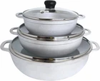Caldero Stock Pot With Glass Lid 3PC Set, 1.5/2.5/5.2QT, Cast Aluminum, Perfect New. Price: $84.99.