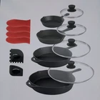 Megachef 13 Piece Cast Iron Pan Set Tempered Glass Lids Silicone Holders New. Price: $129.99.