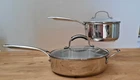 Cuisinart Stainless Steel Saucepan Set 2QT 3QT Skillet W/handle & Lids Used. Price: $37.99.