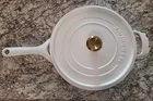 Tramontina White Enameled Cast Iron Skillet 12 W/ Lid Damaged-see Pics Used. Price: $39.95.