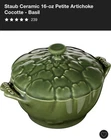 Staub Ceramic 16 Oz Petite Artichoke Cocotte Basil Green Two-piece Set With Lid New. Price: $75.00.