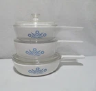 Vintage Corningware Blue Cornflower Menu-ette Small Saucepans Skillet Set Used. Price: $49.99.