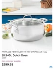 Princess House 10.5QT Dutch Oven Tri-ply Pan 10837 New. Price: $185.00.