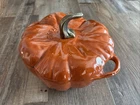 Staub Pumpkin Dutch Oven Orange W/ Gold Handle 3.5 Qt Cast Iron Enamel Used. Price: $189.99.
