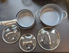 Greenpan Ceramic Nonstick Cookware Set Gray 4 Pans 3 Glass Lids Ptfe Free Used. Price: $90.00.