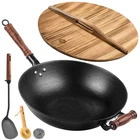 Wangyuanji 12.6 Inch Cast Iron Wok Pan Wood Lid Uncoated Flat Bottom Chinese New. Price: $155.39.