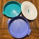 Tupperware Microsteamer Blue Dish #3066, Green Colander #3067, White Cover #3065 Used. Price: $8.99.