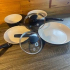 Greenpan Ceramic Nonstick Cookware Set 6 Piece Navy Blue Cream Skillets Lids Used. Price: $59.99.