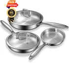 Tri-ply Stainless Steel Frying Pans Set With Lid, Ewfen 8" +10" 12", Silver New. Price: $129.98.