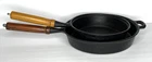 Vintage Country House By Krischer 10 & 8" Cast Iron Skillets W/ Wooden Handle Used. Price: $48.99.